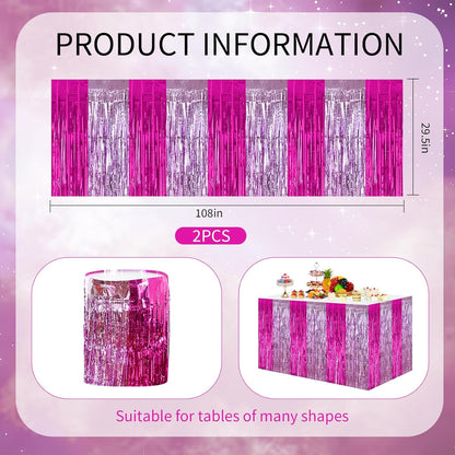 BEISHIDA 2 Pack Metallic Tinsel Foil Fringe Table Skirts for Rectangle & Round Tables Hot Pink Kids' Birthday, Holiday Cartoon Party Decorations for Birthday Valentines Baby Shower Festive Events