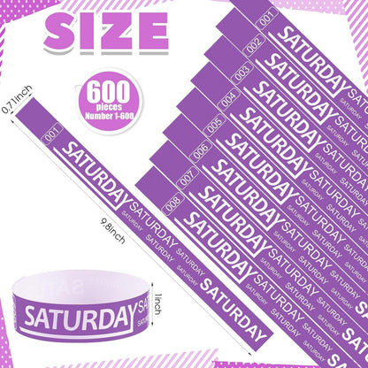 Henoyso 600 Pcs Saturday Paper Wristbands Event Admission Paper Bracelets Numbered Waterproof Party Armbands for Events Day of the Week(Red)
