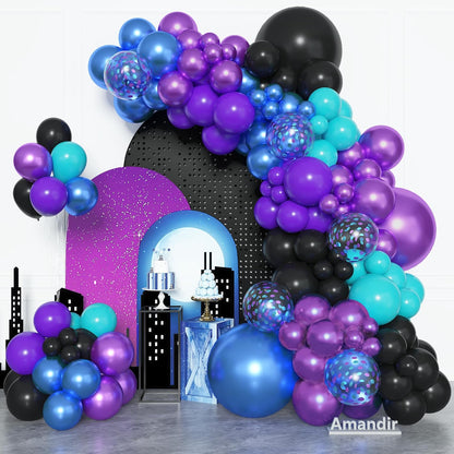 Amandir 153pcs Purple Blue Pink Balloon Garland Arch Kit, Different Sizes 18 12 10 5 inch Teal Yellow Latex Metallic Confetti Balloons for Magic Birthday Engagement Party Decoration