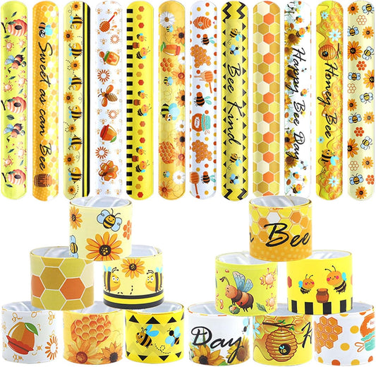 Qpout 48pcs Bee Slap Bracelets Honeycomb Wristbands Assorted Color Bee Theme Party Favors Sunflower Wristband Honeybee Yellow Bee Birthday Slap Bands Baby Shower for Classroom Prizes