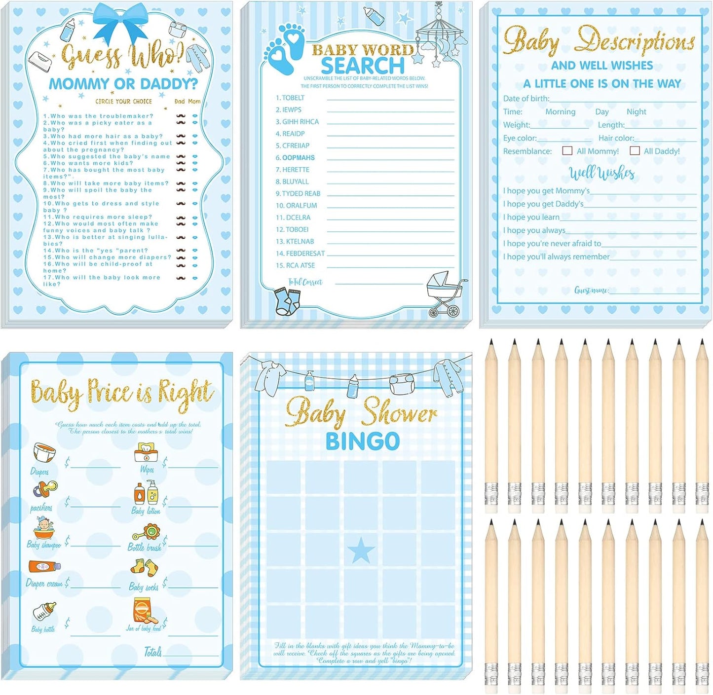 Yinder 145 Pcs Baby Shower Games Activities Cards with 20 Pencils Includes Baby Bingo Description and Wishes Guess Who Price is Right Word Scramble Game(Here Comes the Son)