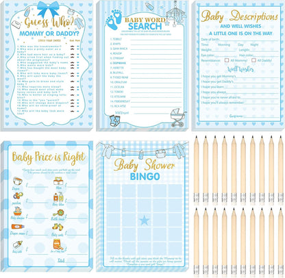 Yinder 145 Pcs Baby Shower Games Activities Cards with 20 Pencils Includes Baby Bingo Description and Wishes Guess Who Price is Right Word Scramble Game(Here Comes the Son)