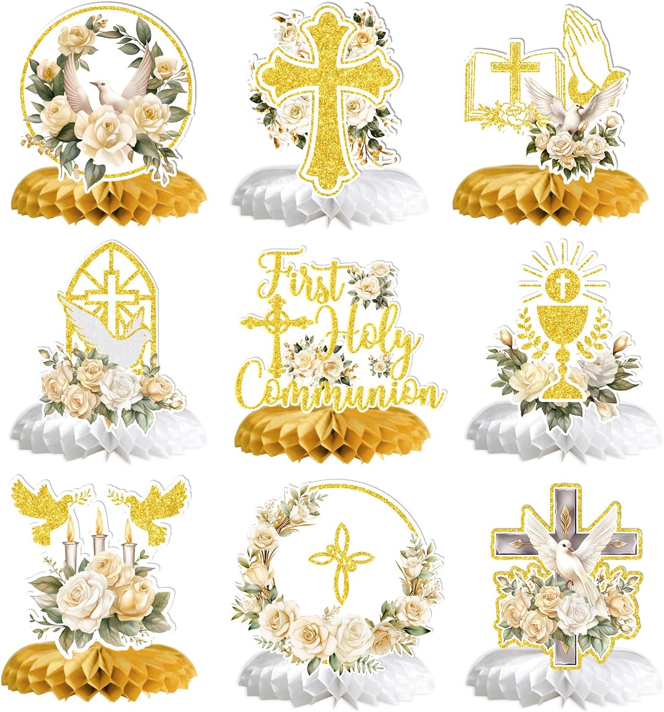 First Holy Communion Honeycomb Centerpieces, Baptism Decorations, God Bless Religious Party Table Decor, First Communion Table Centerpiece, Christening Baby Shower Party Decorations 9PCS
