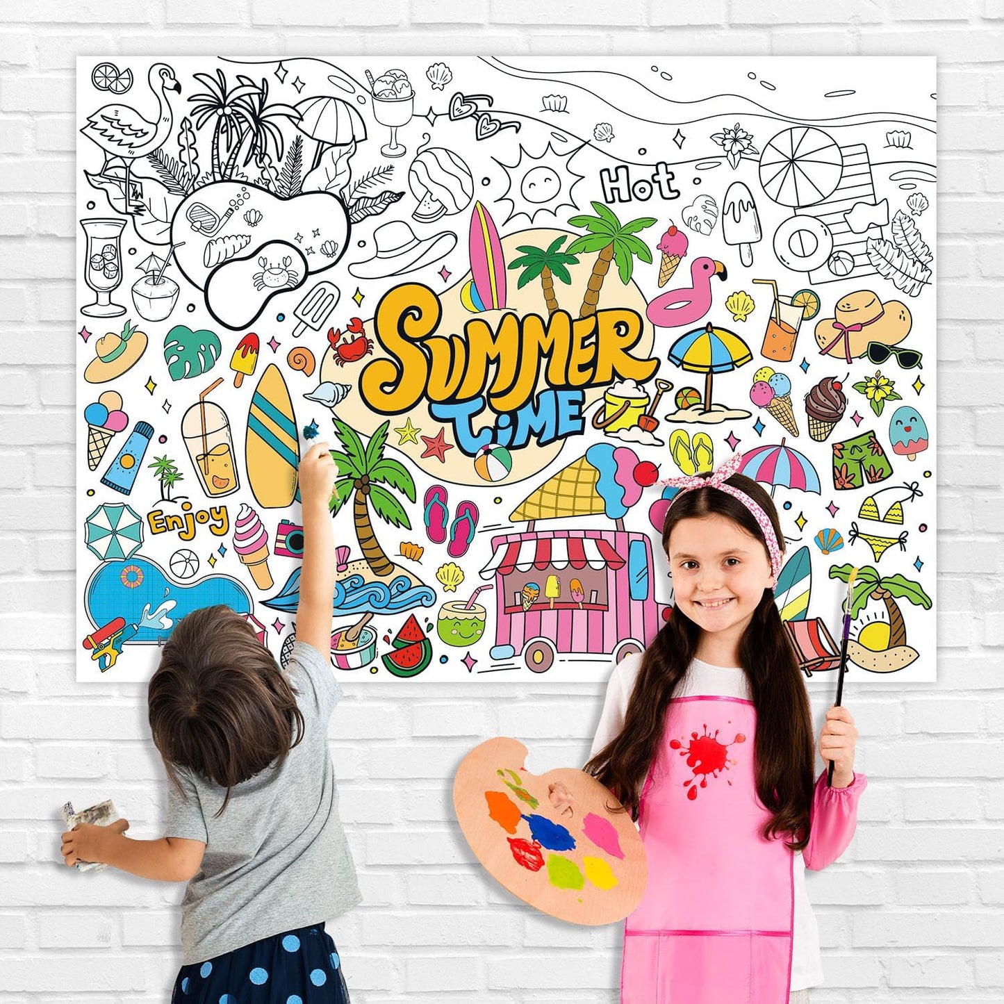 43.3x31.5 Summer Coloring Poster with Picture, Giant Cute Painting Poster, Large Coloring Tablecloth for Classroom Home Birthday Party Supplies Favor