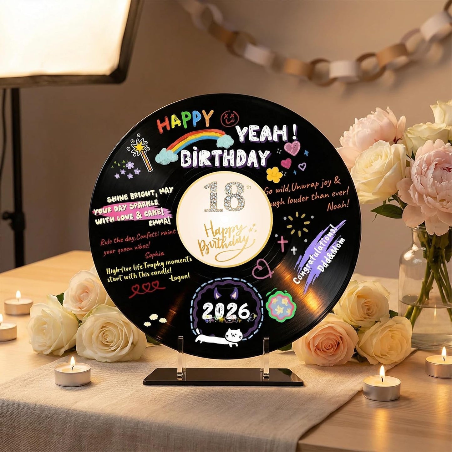REEGII Vinyl Record Style Birthday Guest Book for Birthday Decorations - Large 11.6"x11.6" Sign-In Poster with 12 Pens | Unique Keepsake Gift for Birthday Party Decor (Happy Birthday, Golden, 11.6"L x 11.6"W)