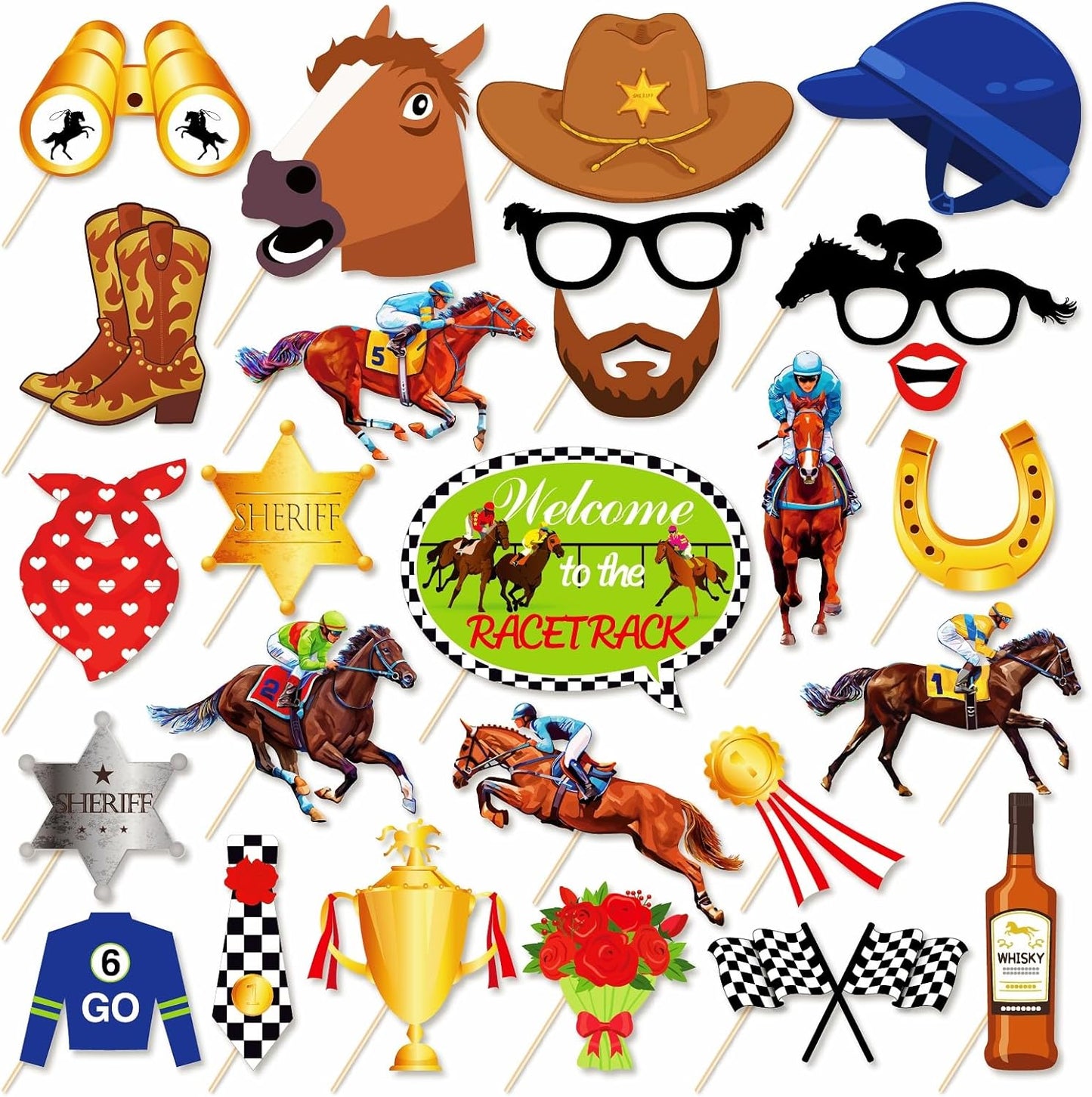 YVAINE Kentucky Horse Photo Booth Frame with 25 Pcs Kentucky Horse Racing Derby Day Photo Booth Props Run for The Rose Photo Frame for Derby Day Birthday Party Supplies