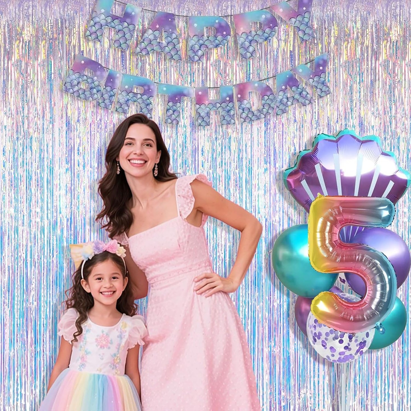 Iridescent Party Decorations Fringe Backdrop, Sparkling Holographic Foil Fringe Tinsel Curtains for Frozen Mermaid Birthday Party Decor - 3.28x6.56ft 2 Packs