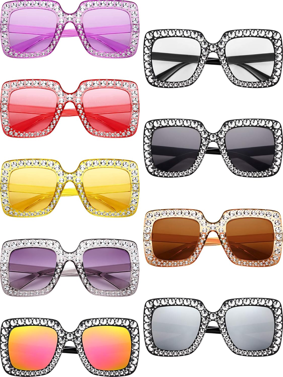 9 Pairs Rhinestone Oversized Square Sunglasses for Women Sparkling Bling Crystal Sunglasses AC Frame Glasses for Women