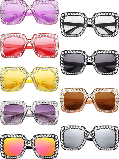 9 Pairs Rhinestone Oversized Square Sunglasses for Women Sparkling Bling Crystal Sunglasses AC Frame Glasses for Women