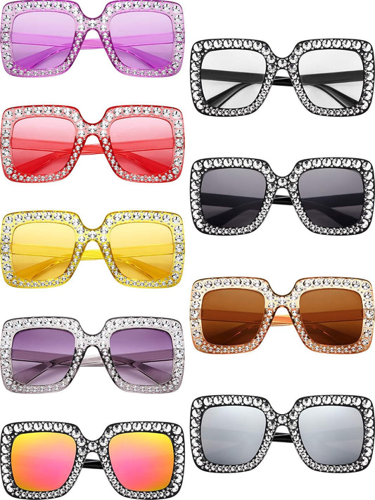 9 Pairs Rhinestone Oversized Square Sunglasses for Women Sparkling Bling Crystal Sunglasses AC Frame Glasses for Women