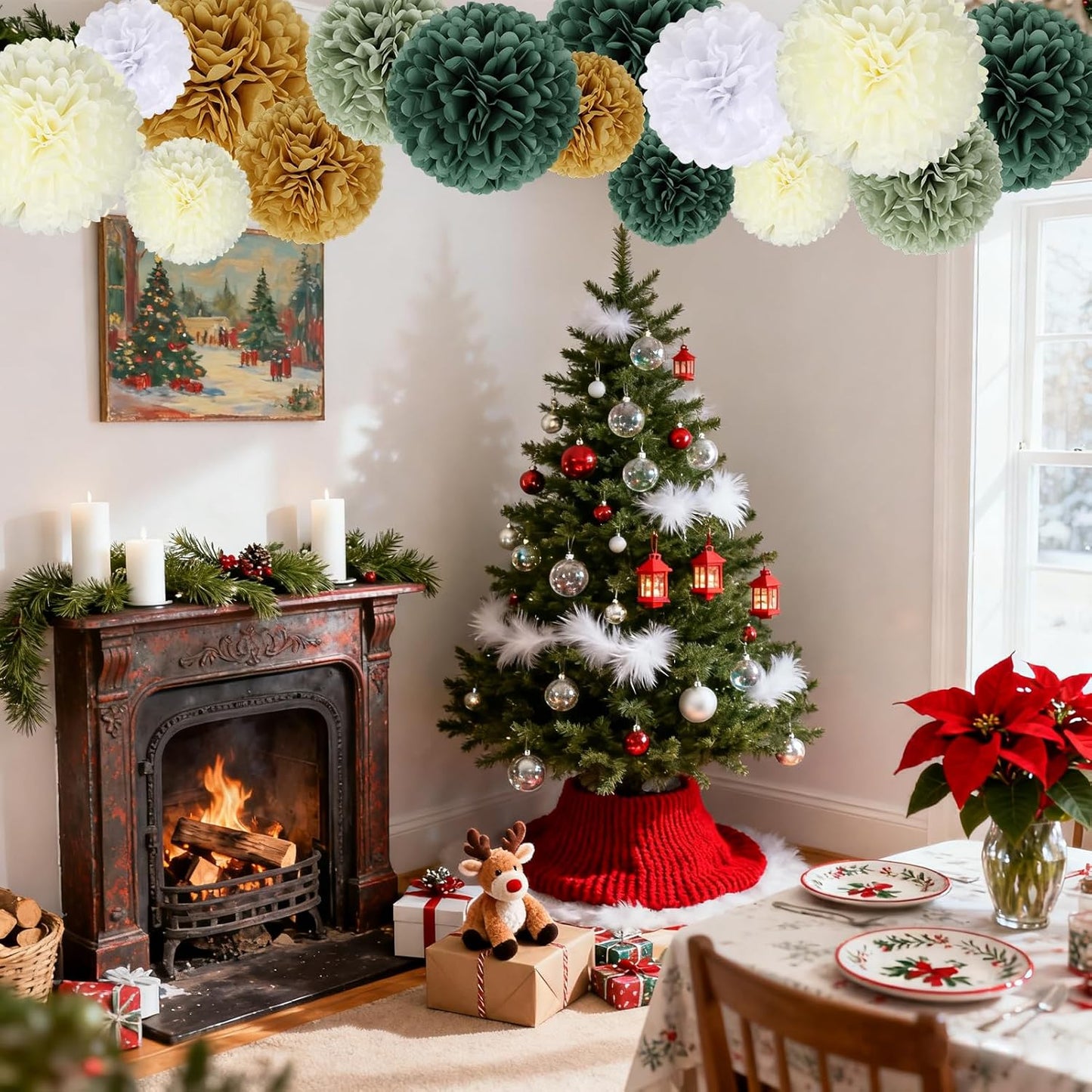 BestoFun 16 PCS Sage Green Party Decorations Tissue Paper Flowers Christmas Party Decors Hanging Pom Poms Decorations for Xmas New Year Winter Holiday Decorations
