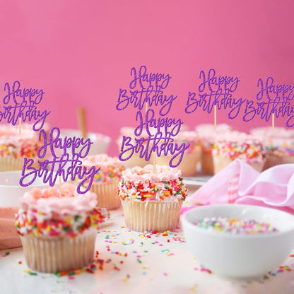 24 PCS Happy Birthday Cupcake Toppers Glitter Picks for Celebrating Anniversary Theme Party Cake Decorations Supplies Gold