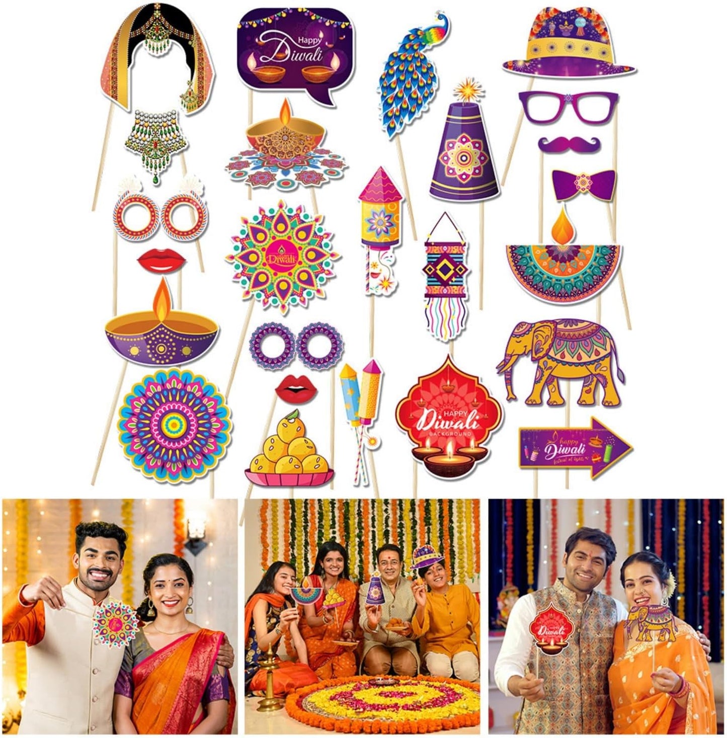 KYMY Happy Diwali Party Photo Booth Props Set, 1pc Deepavali Rangoli Selfie Frame with 20pcs Photo Booth Props, India Festival of Lights Party Favors for Hindu Diwali Themed Decorations Supplies