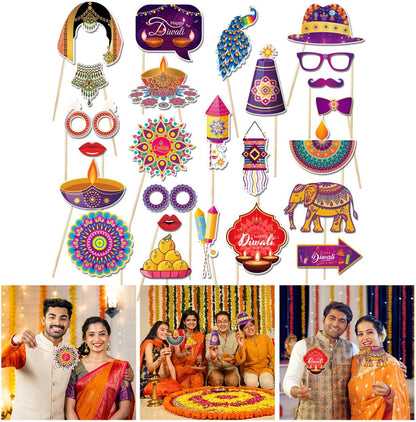 KYMY Happy Diwali Party Photo Booth Props Set, 1pc Deepavali Rangoli Selfie Frame with 20pcs Photo Booth Props, India Festival of Lights Party Favors for Hindu Diwali Themed Decorations Supplies