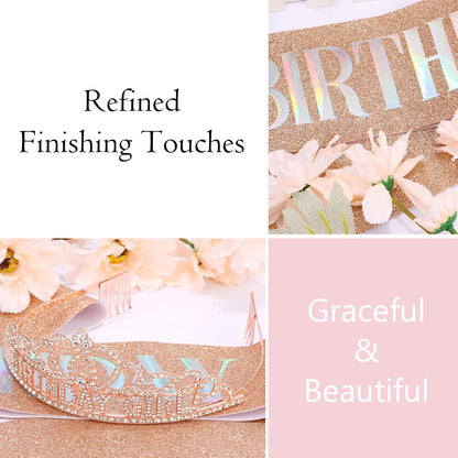 Chanaco Happy Birthday Crown and Sash Kit for Women and Girls - Rhinestone Tiara and Sashes with 'BIRTHDAY GIRL' Sash for Party Favors