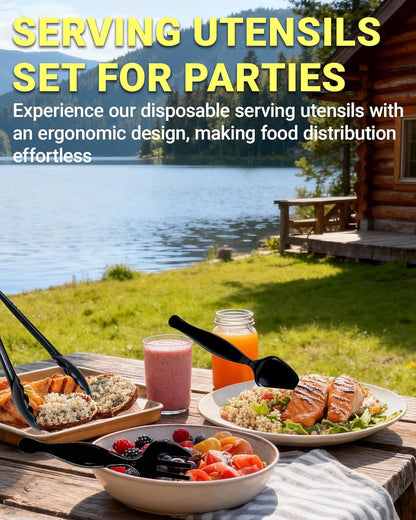 Disposable Black Plastic Spoons, Forks, Tongs | 12-Set (36 Pcs) Serving Utensils Set for Catering, Buffets, Parties, Events, Weddings, Picnics, Banquets, Daily Meals, Heavy-Duty Cutlery for Daily Use