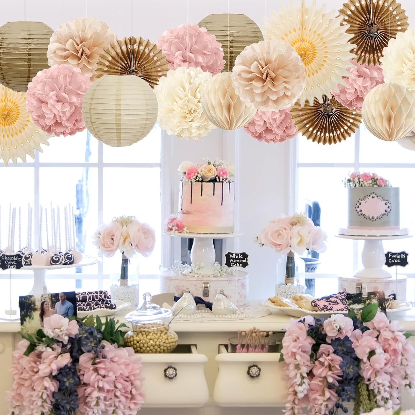 Tissue Paper Pom Poms - 23 PCS Dusty Blue Paper Flowers Pom Pom Kit Circle Dot Party Banner Hanging Swirl Party Decorations for Wedding Birthday Baby Shower Bridal Shower Tea Party