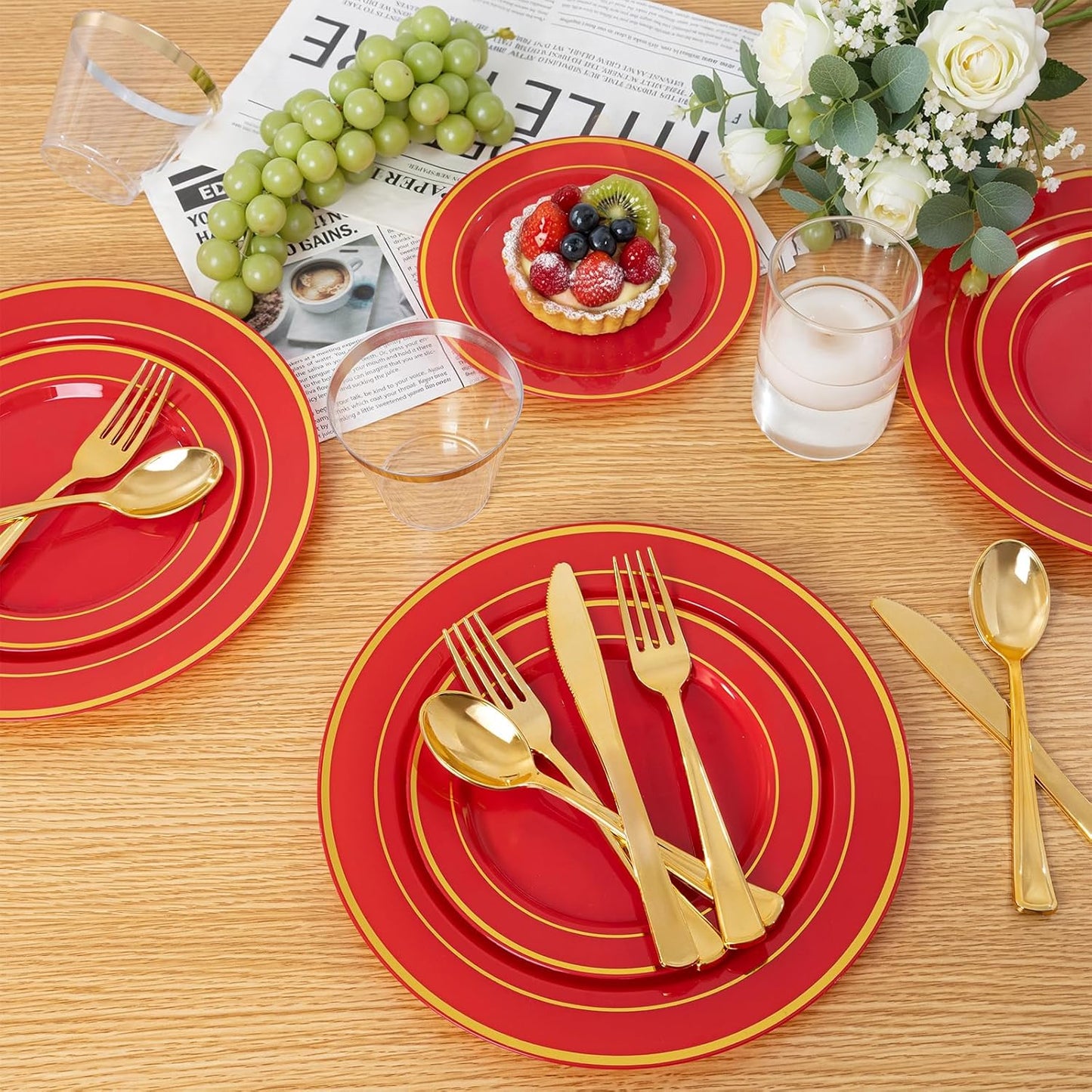 350 Pieces Black and Gold Plastic Plates with Disposable Silverware, Include 50 Dinner Plates 9”, 50 Dessert Plates 6.3”, 50 Black Cups 9 OZ, 50 Pre Rolled Napkins for Wedding Party Graduation