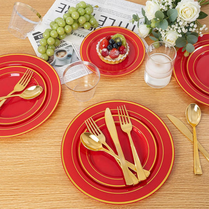 350 Pieces Black and Gold Plastic Plates with Disposable Silverware, Include 50 Dinner Plates 9”, 50 Dessert Plates 6.3”, 50 Black Cups 9 OZ, 50 Pre Rolled Napkins for Wedding Party Graduation