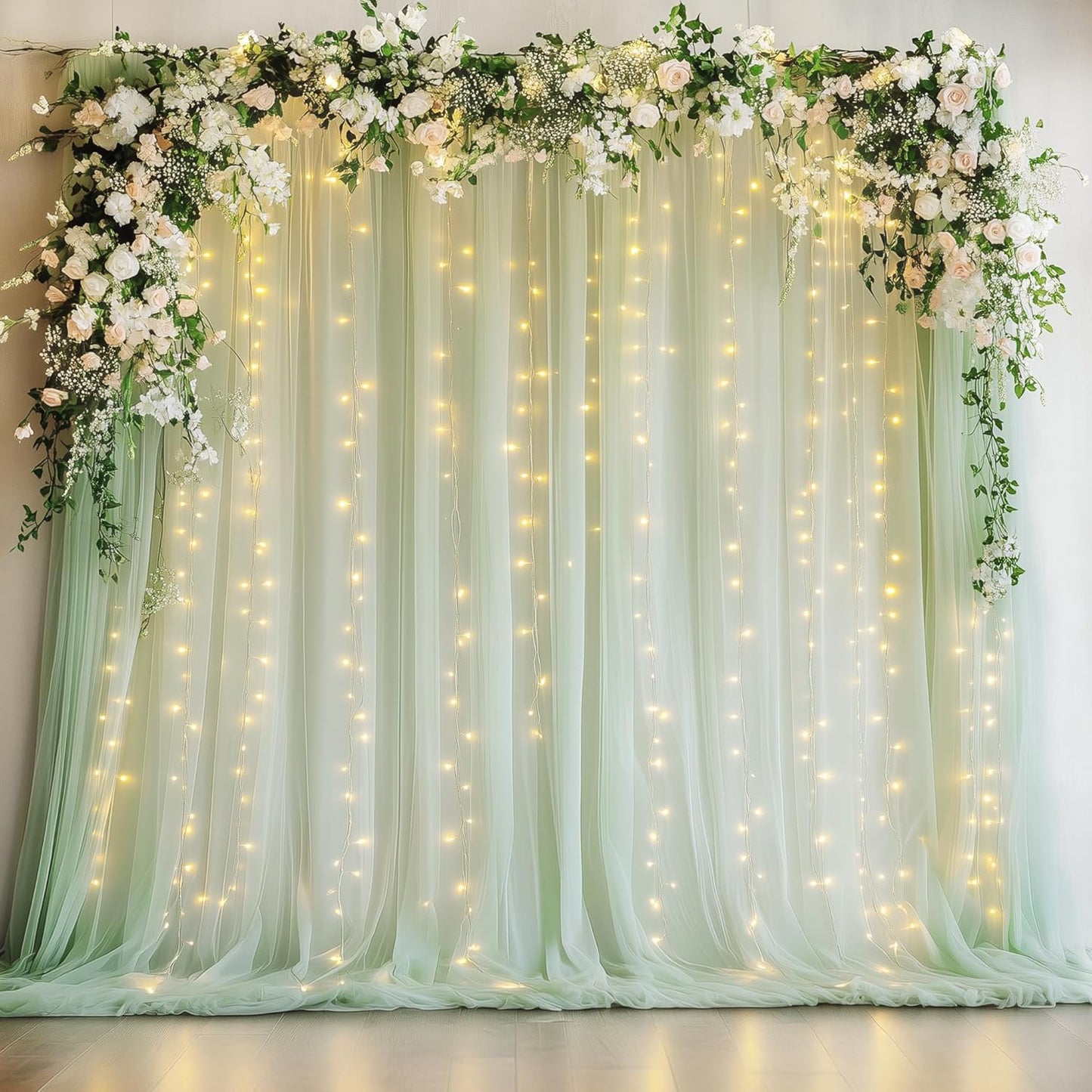 Fomcet Tulle Backdrop Curtains with Lights String White 10FT X 8FT Sheer Curtain with Lights Tulle Curtains Backdrop for Wedding Birthday Party Baby Shower Photo Shoot (2 Panels 5x8FT)