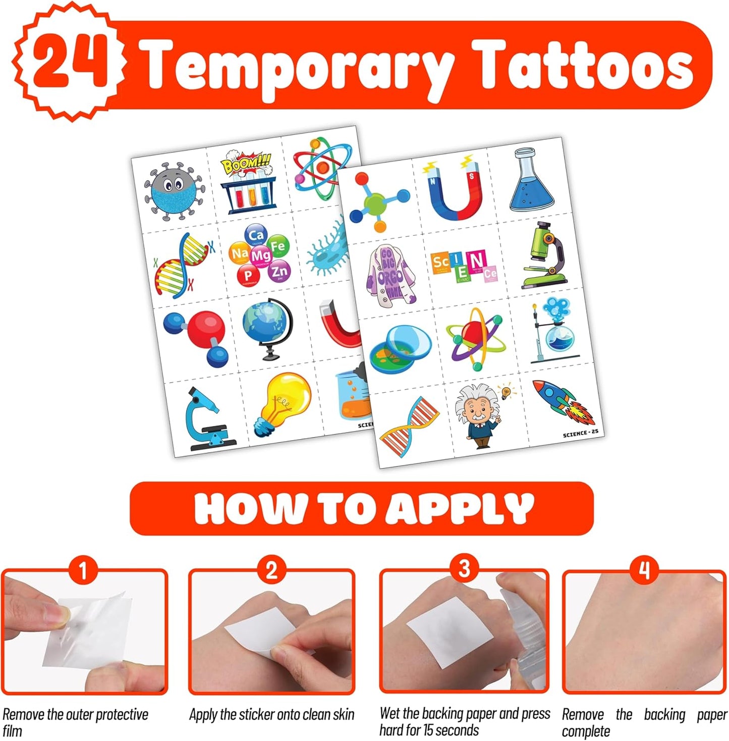 48PCS Science Party Favors - 24PCS Temporary Pre - Cut Tattoos & 24PCS Slap Bracelets - Fun STEM-Themed Birthday Supplies, Baby Shower Gifts, Classroom Rewards & Party Decor for Kids (Boys & Girls)