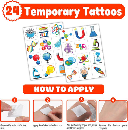 48PCS Science Party Favors - 24PCS Temporary Pre - Cut Tattoos & 24PCS Slap Bracelets - Fun STEM-Themed Birthday Supplies, Baby Shower Gifts, Classroom Rewards & Party Decor for Kids (Boys & Girls)