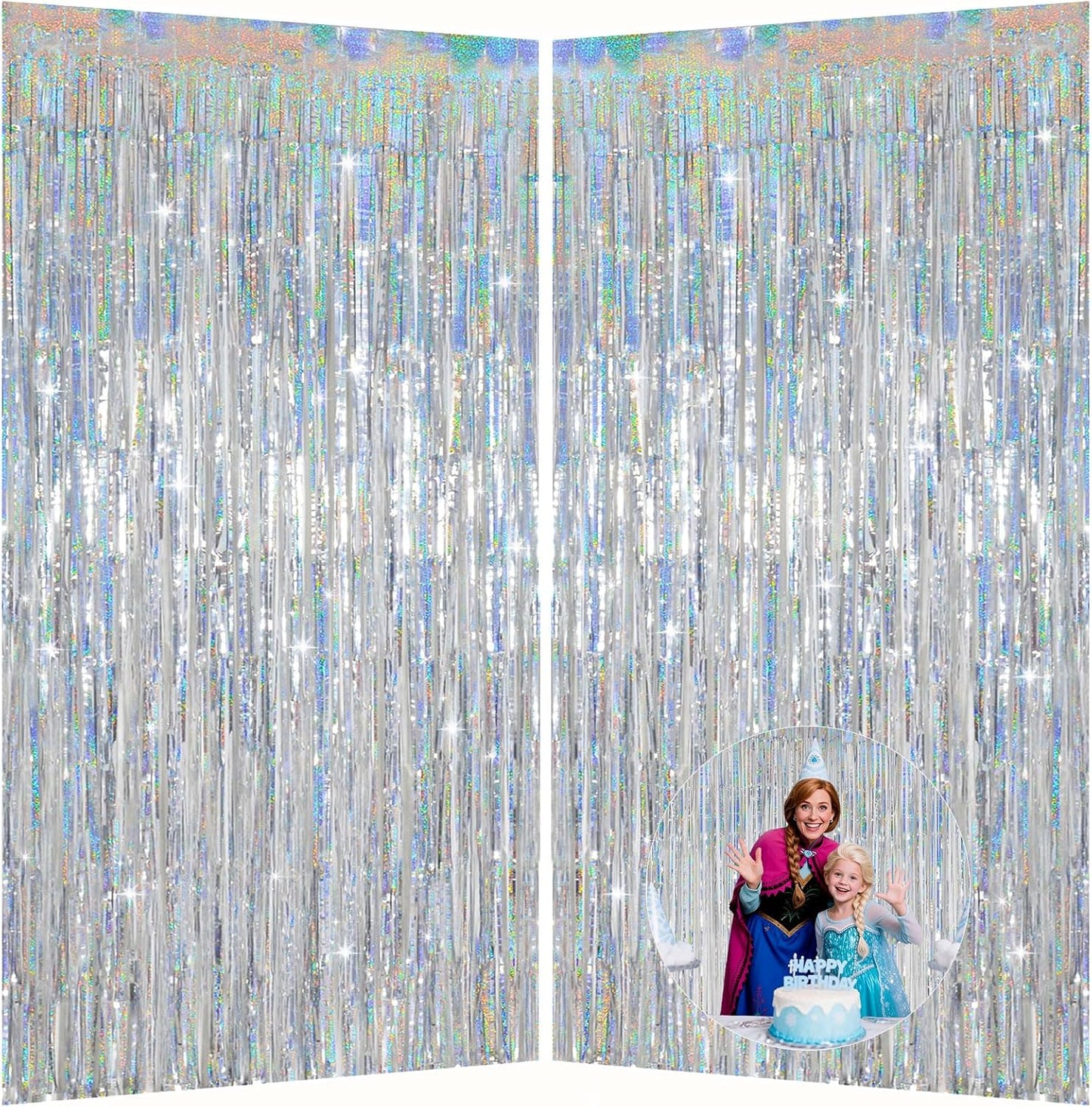 Iridescent Party Decorations Fringe Backdrop, Sparkling Holographic Foil Fringe Tinsel Curtains for Frozen Mermaid Birthday Party Decor - 3.28x6.56ft 2 Packs