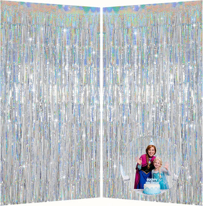 Iridescent Party Decorations Fringe Backdrop, Sparkling Holographic Foil Fringe Tinsel Curtains for Frozen Mermaid Birthday Party Decor - 3.28x6.56ft 2 Packs