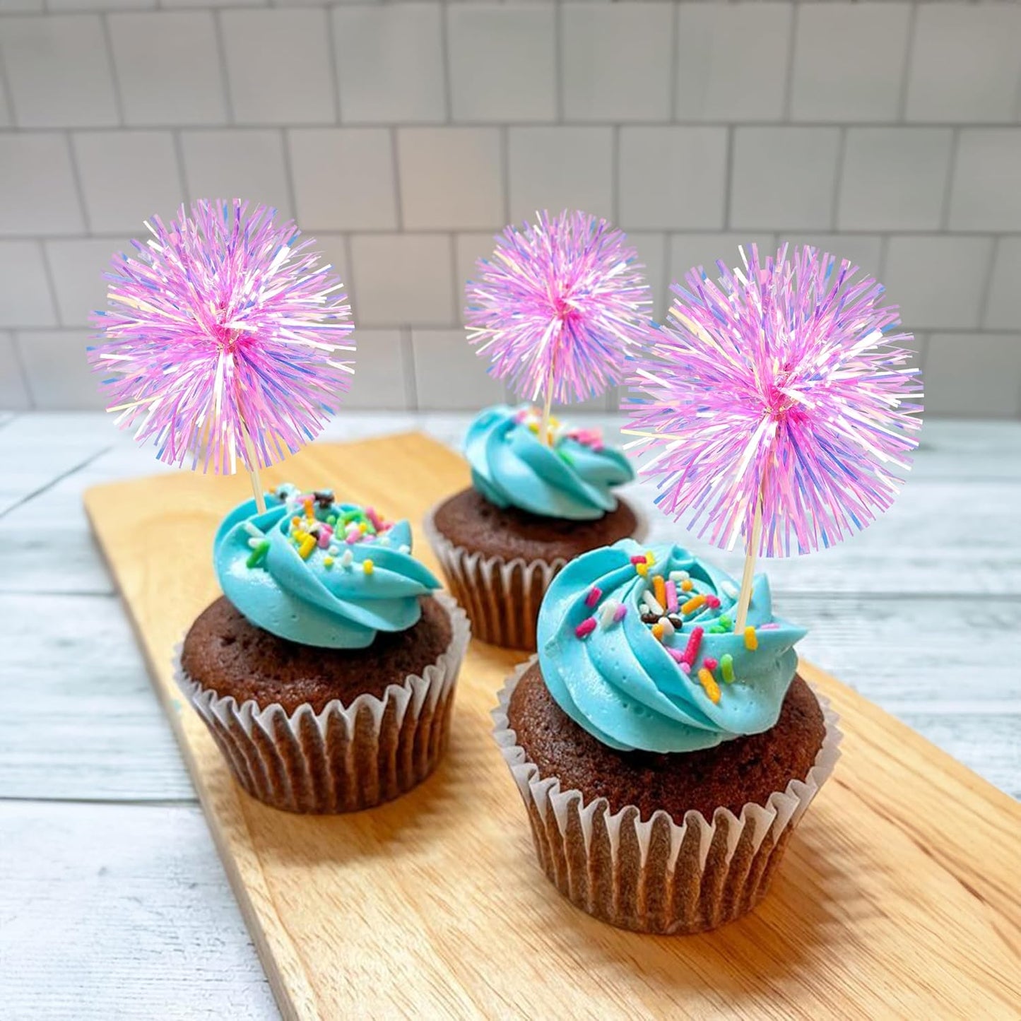 Ephlyn 30Pcs Foil Firework Cupcake Toppers Sparkle Tinsel Cupcake Picks Drink Stirrers Cocktail Food Fruit Toothpicks for Baby Shower Graduation Party Supplies White