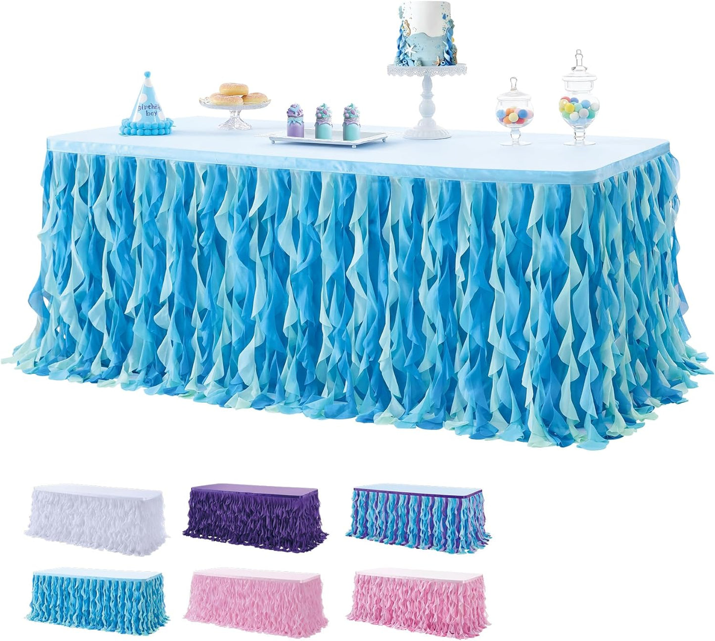 leegleri 6FT Tulle Ruffle Curly Willow Table Skirt for Rectangle or Round Tables, Under The Sea Ocean Blue Baby Shark Themed Tutu Table Skirt for Baby Shower, Birthday Party
