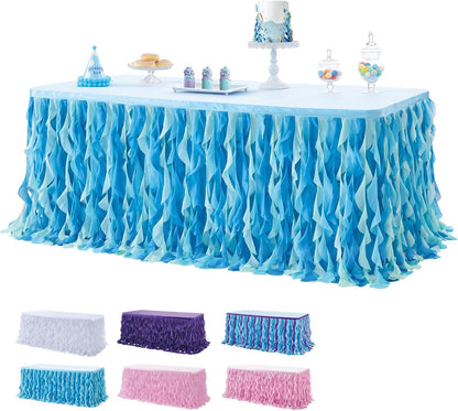 leegleri 6FT Tulle Ruffle Curly Willow Table Skirt for Rectangle or Round Tables, Under The Sea Ocean Blue Baby Shark Themed Tutu Table Skirt for Baby Shower, Birthday Party