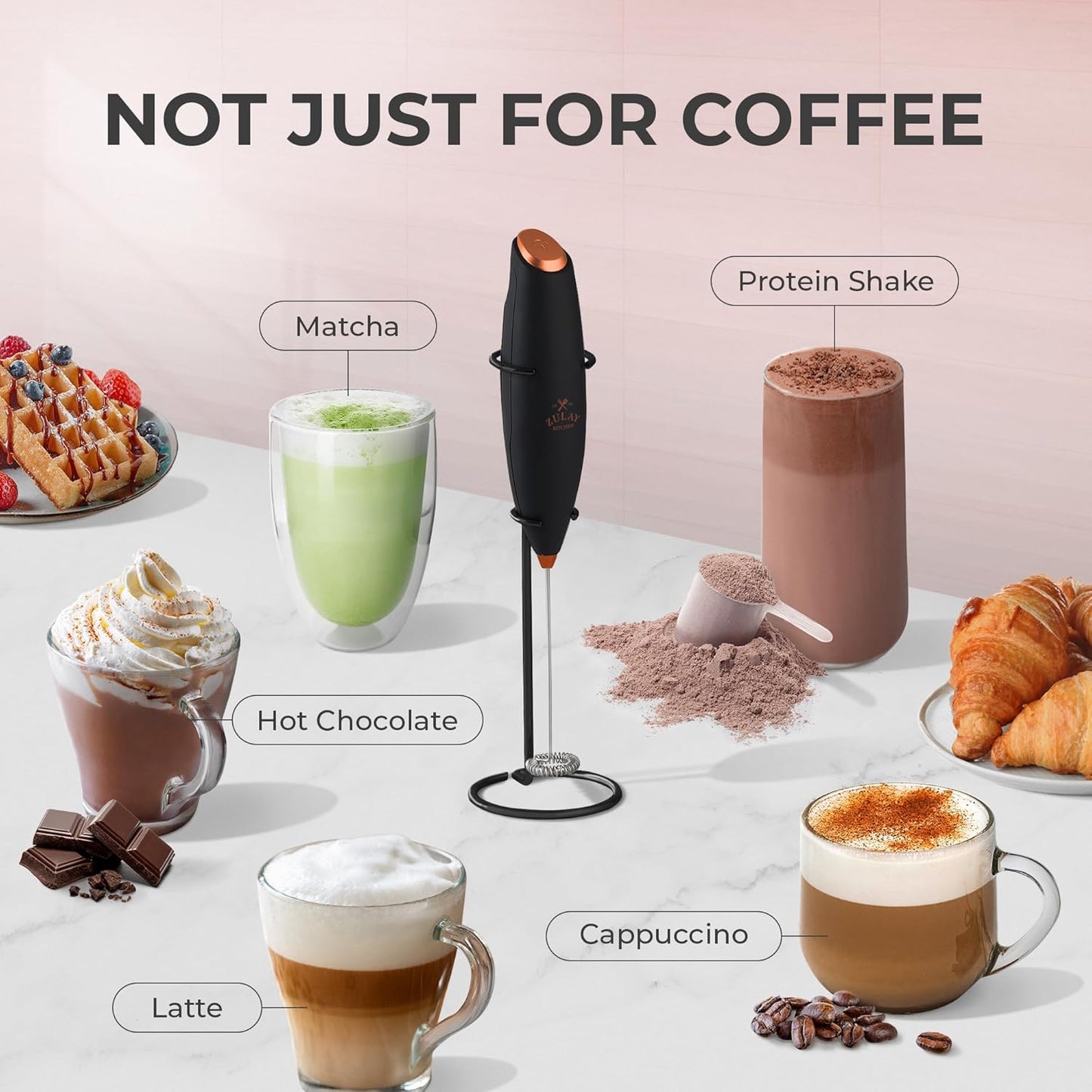 Zulay Kitchen Powerful Milk Frother Wand With Duracell Batteries - Ultra Fast Handheld Drink Mixer - Electric Whisk Foam Maker for Coffee, Lattes, Cappuccino & Matcha - Z1 Motor - Black - Colors D