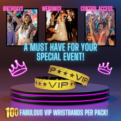 100 Pack Glitter Gold VIP Party Wristbands with Secure Locking Clip. Must Have Adjustable Sparkle VIP Wrist Bands for Events, Parties, Weddings and Festivals