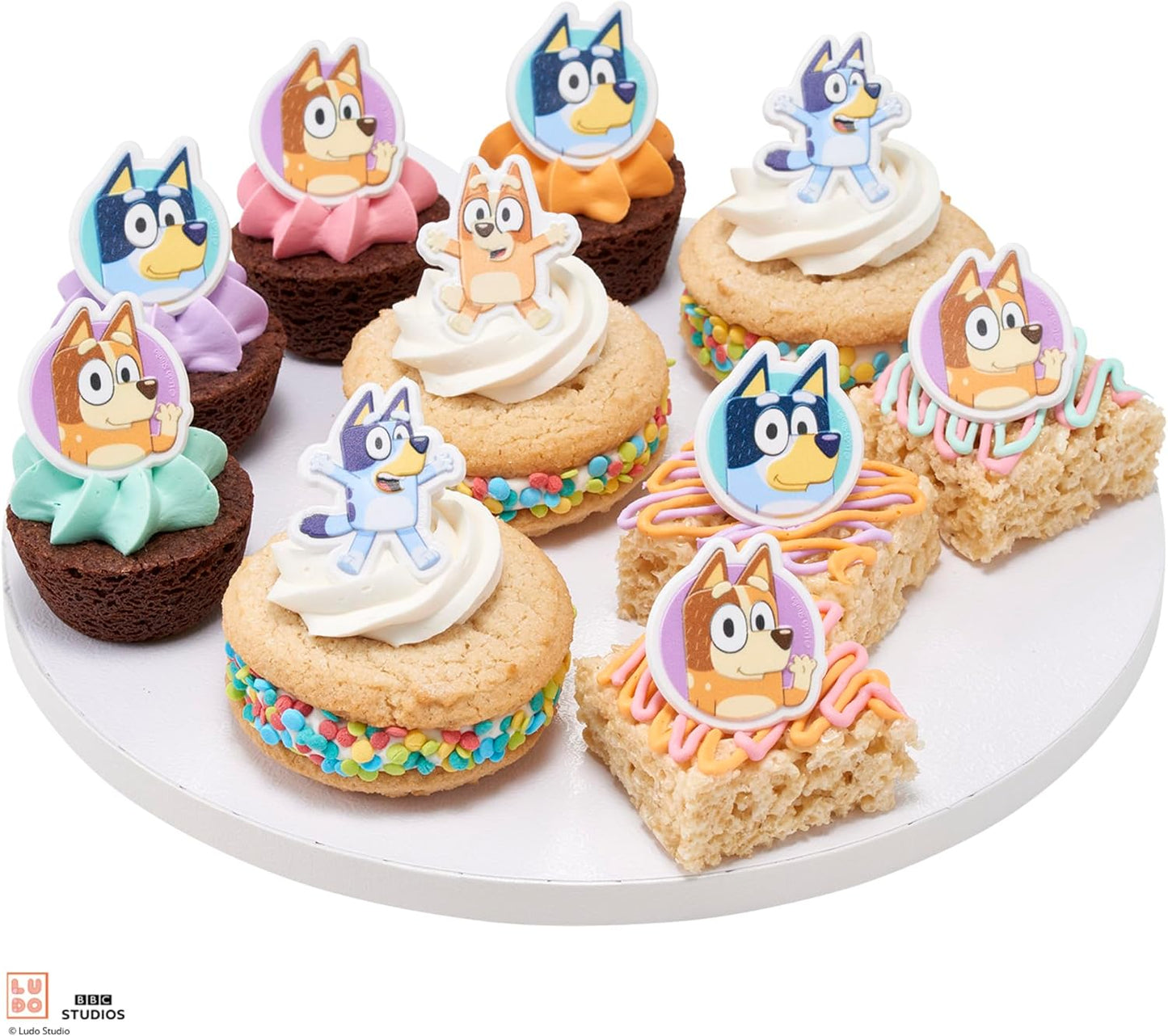 DecoPac Bluey So Much Fun Rings, 24 Cupcake Decorations Featuring Bluey, Bingo, Bandit, and Chilli, 3D Food Safe Cake Toppers – 24 Pack