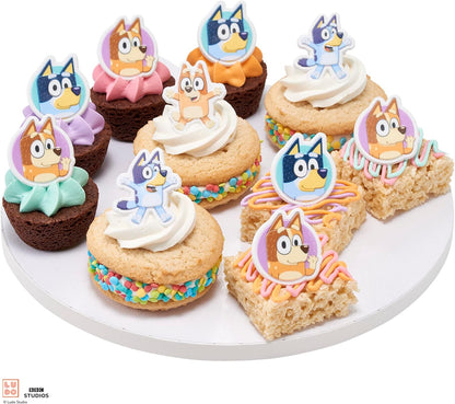 DecoPac Bluey So Much Fun Rings, 24 Cupcake Decorations Featuring Bluey, Bingo, Bandit, and Chilli, 3D Food Safe Cake Toppers – 24 Pack