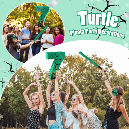 Poen Large Green Turtle Piñata Party Decoration Supplies Number 4 5 6 7 Piñata with Blindfold Stick and Confetti for Turtle Theme Birthday Party Baby Shower Photo Props Decoration(Number 7)