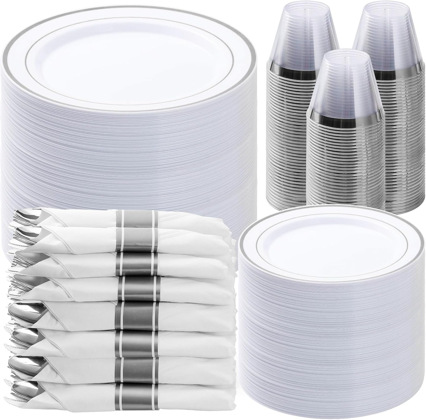 BESTVIP 350PCS Gold Plastic Dinnerware Set, Disposable Party Plates for 50 Guests, Include: 100 Plastic Plates, 50 Pre Rolled Napkins with Gold Silverware, 50 Cups