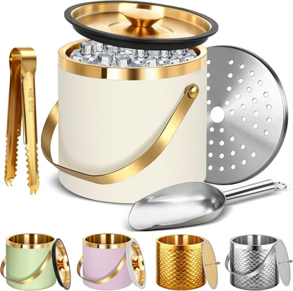 Ice Bucket, Ice Bucket with Silicone Sealing Ring Double-Wall Vacuum Insulation Champagne Buckets with Filter Layer Ice Tongs Ice Scoop (Gold, 3 L)