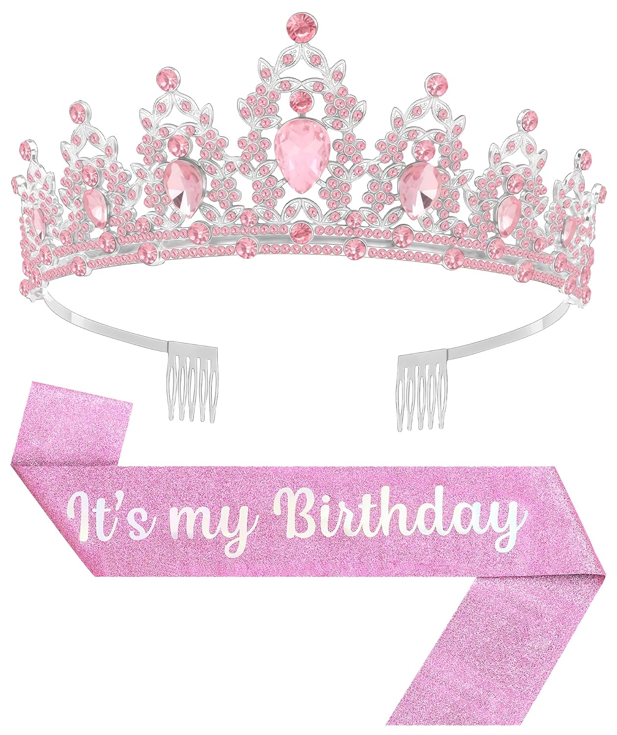 Birthday Tiara and Crown with Sash, Birthday Tiara for Women Party Silver