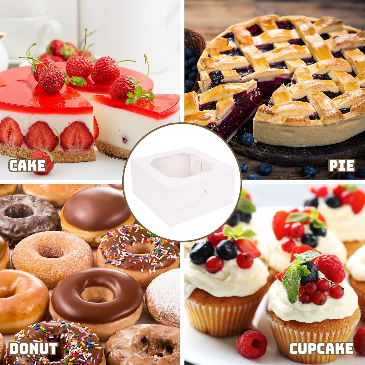 Moretoes 24pcs Cake Boxes, 10x10x5 Inches White Square Bakery Boxes with Window Cajas Pasteles for Cake, Mother's Day, Pastries, Chocolates, Cookies, Pie, Birthday Party, Wedding, Graduation