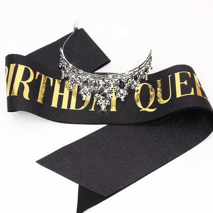 CAVETEE Red Black Birthday Crown and Sash for Women Sash & Rhinestone Tiara Set Red and Black Party Decorations Birthday Queen Crowns Tiaras for Women