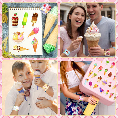 84 PCS Ice Cream Party Favors, 24 PCS Slap Bracelets & 60 PCS Stickers Ice Cream Birthday Party Decorations Supplies Gifts for Kids Classroom Rewards