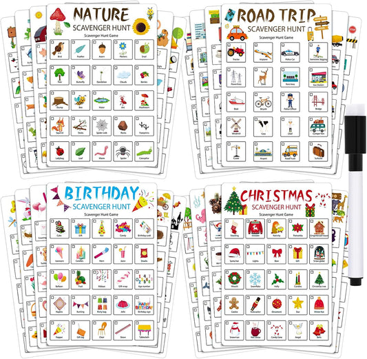 Hoolerry 12 Pcs Scavenger Hunt for Kids 24 Themed Scavenger Hunt Cards Nature Camping Road Trip Vehicle Birthday Valentines Game Outdoor Indoor Seek Activity for Kids Adults