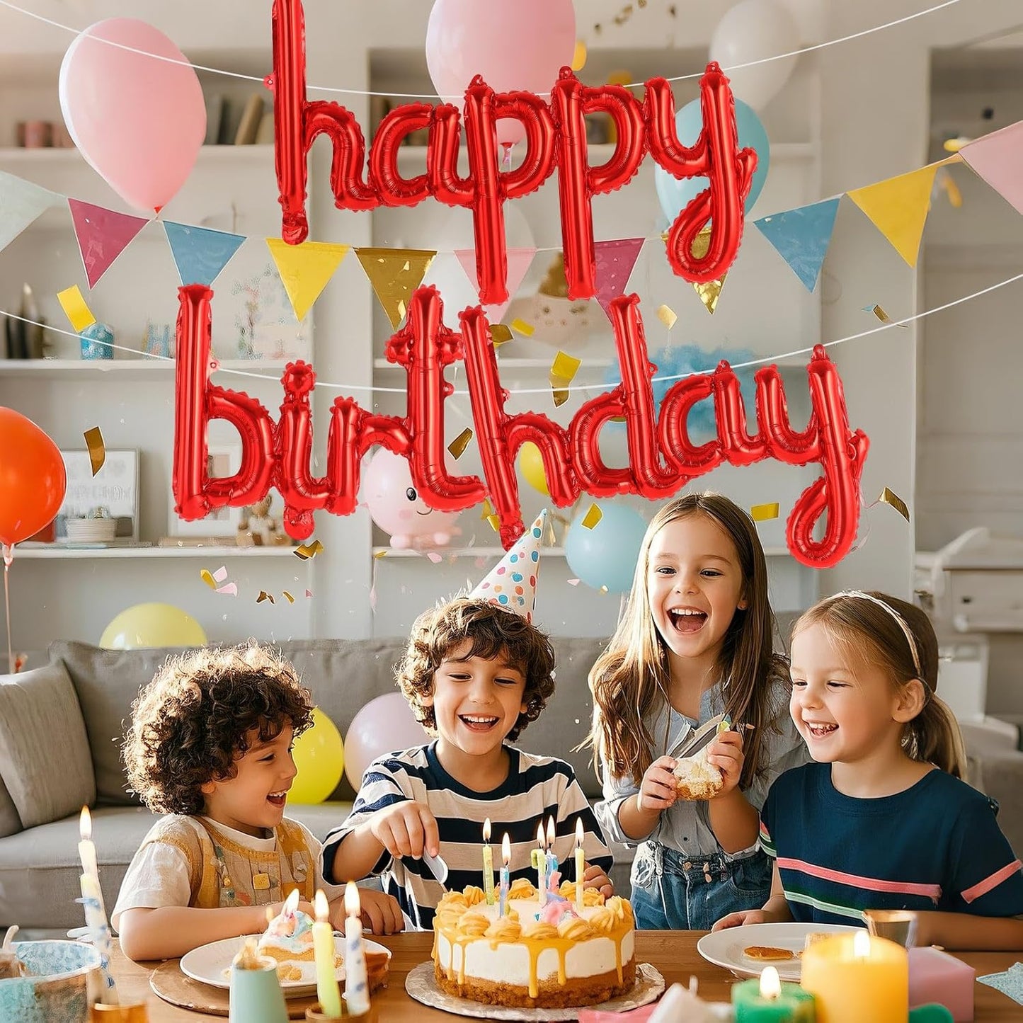 Happy Birthday Balloons Banner Foil Letters Balloons Connected, Personalized Birthday Signs for Women Men Boys Girls Birthday Party Decorations, Small Gold