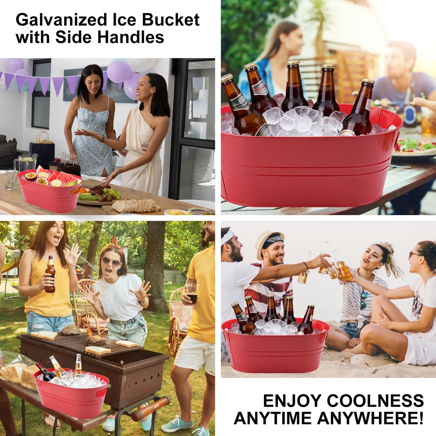 3 PCS 15.3 x 9 x 6 inches White Metal Galvanized Tub with Iron Handles, 3 Gallon Beverage Tubs for Parties, Large Ice Buckets for Beer, Wine, Cocktails & Outdoor Events