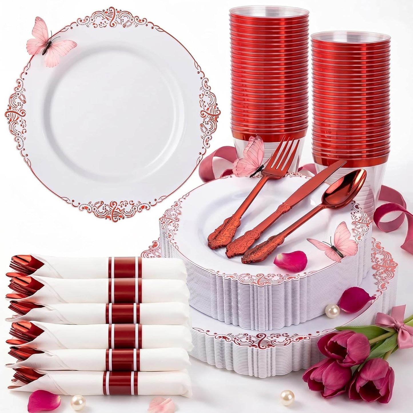 Nervure 350PCS Gold Plastic Plates - Gold Plastic Dinnerware Sets for 50 Guests - 100 Disposable Plates, 150 Silverware, 50 Cups, 50 Napkins for Wedding & Party & Mothers Day