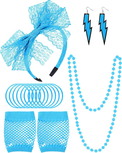 Blulu 80s Accessories Women Lace Headband Earrings Fishnet Gloves Necklace Bracelet for 80s Retro Party Halloween