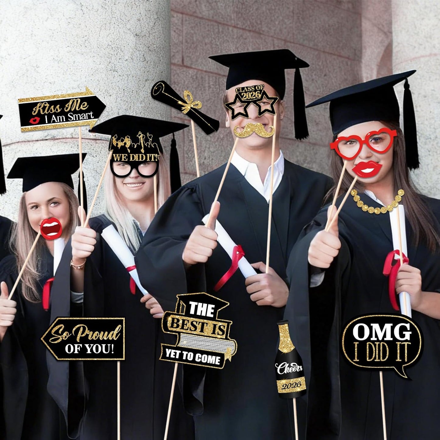 46Pcs Blue Gold Graduation Photo Booth Props 2026 Graduation Decorations with Sticks Class of 2026 Grad Party Favors Supplies for High School & College