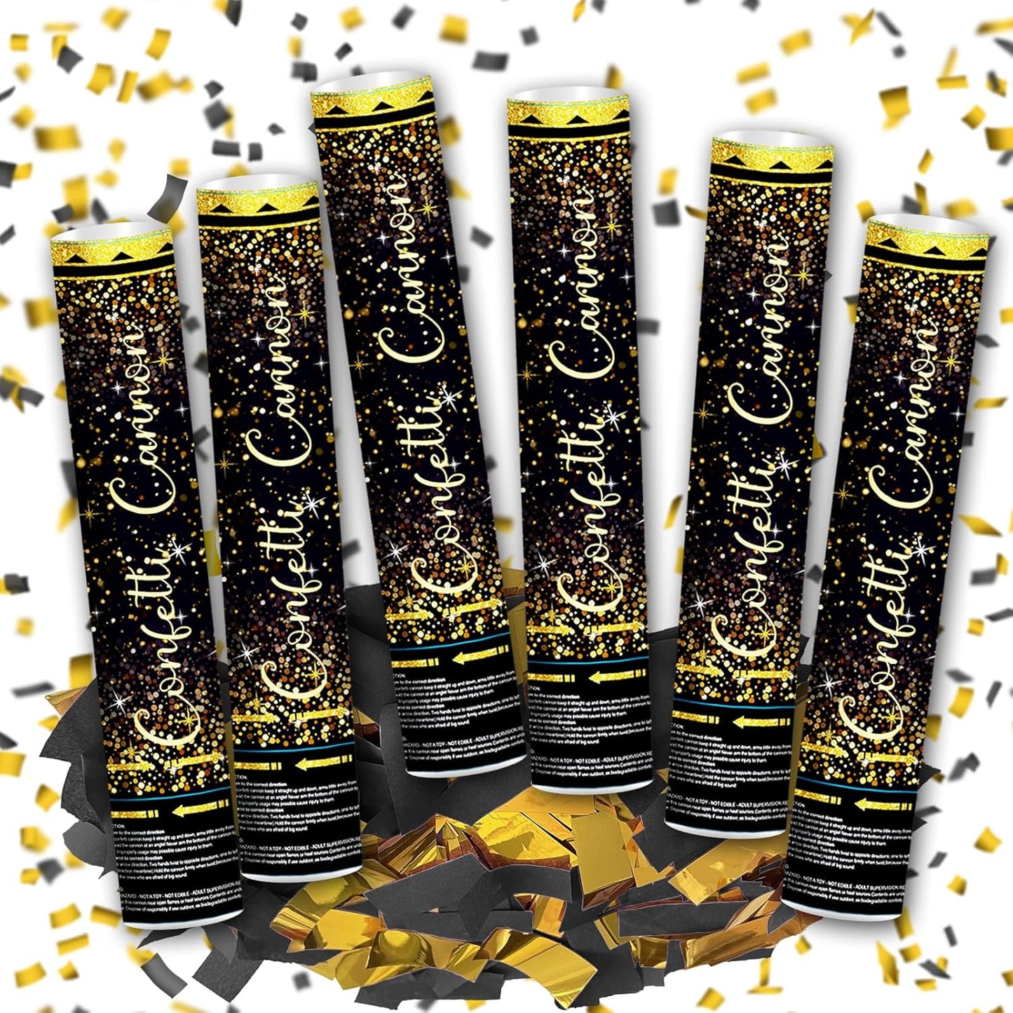12" Black Gold Confetti Cannon Party Poppers for Birthday Graduation Wedding Retirement New Year Celebrations - Easy to Use, Pack of 2