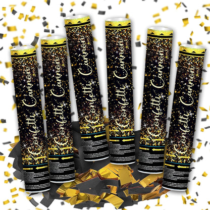 12" Black Gold Confetti Cannon Party Poppers for Birthday Graduation Wedding Retirement New Year Celebrations - Easy to Use, Pack of 2